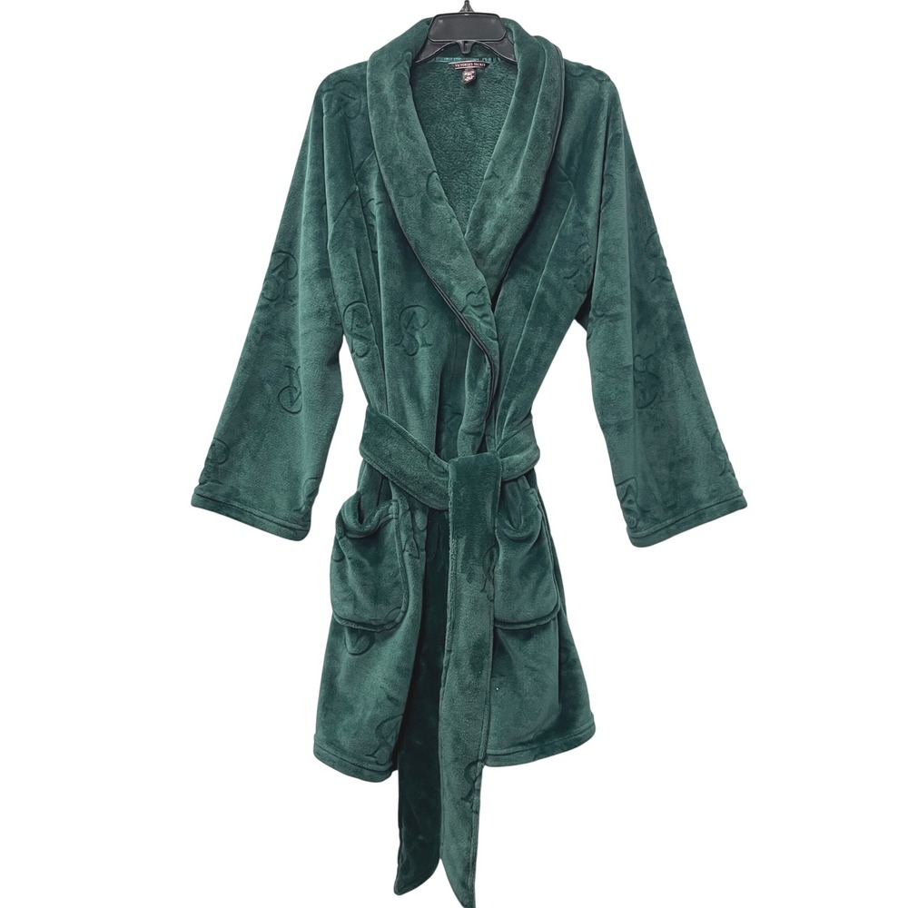 Victorias Secret Emerald Green Embossed Logo Plush Robe ML The Cozy Velvet Short